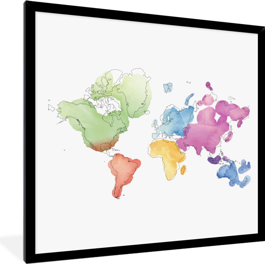 MuchoWow MuchoWow Gerahmtes Poster Moderne Weltkarte in Aquarell 40x40 cm - Poster mit zchwarzem Bilderrahmen - Mit Rahmen - Wanddekoration Sch...