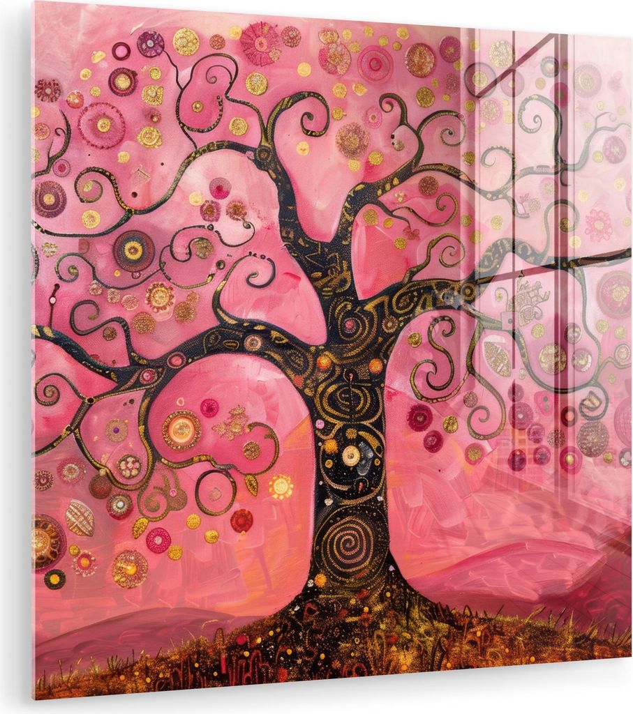 MuchoWow Glasbilder - Bilder auf Wandbild - Foto auf Glas Baum - Baum des Lebens - Rosa - Gold 30x30 cm Wanddekoration aus Glas - Acrylglasbild - A...