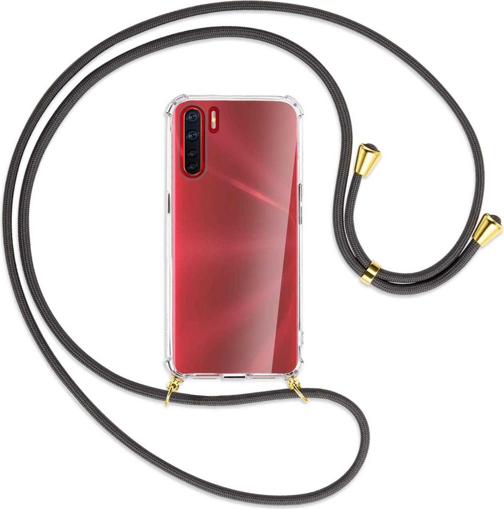 Handykette Backcover-Schutzhülle mit Band (Metall goldfarben) für Oppo A91 / F15 / Reno3 - dunkelgrau