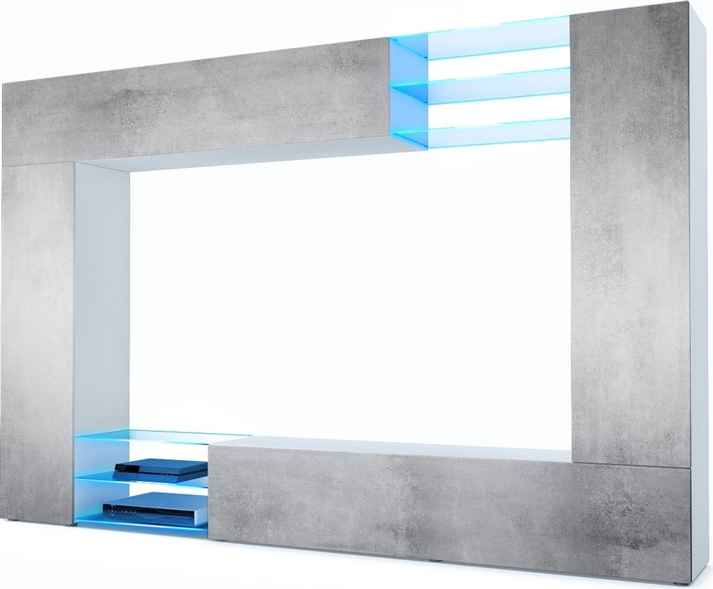 Vladon Wohnwand Mirage, Germany, Anbauwand mit Rückwand mit 2 Türen, 2 Klappen und 6 offenen Glasablagen, Weiß matt/Beton Oxid-Optik, inkl. LED-...
