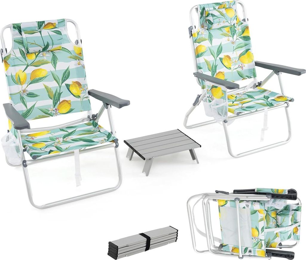 KOMFOTTEU Strandstühle klappbar mit Tisch, Campingstühle mit Kopfstütze & Verstellbarer Rückenlehne, Beachchair mit Eisbeutel & Getränkehalter...