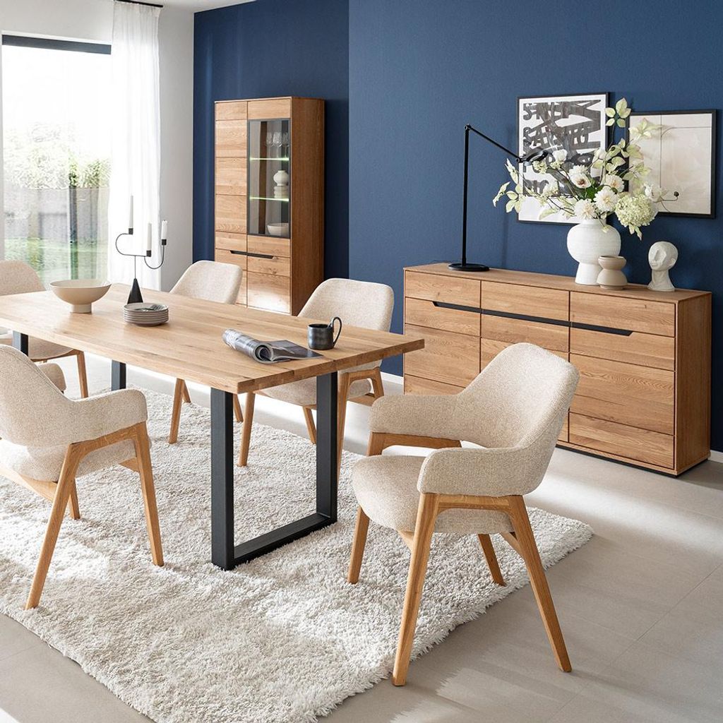 Esszimmer-Set in Eiche teilmassiv mit Esstisch, Vitrine, Sideboard & Beleuchtung, 3-teilig - AVESTA-06