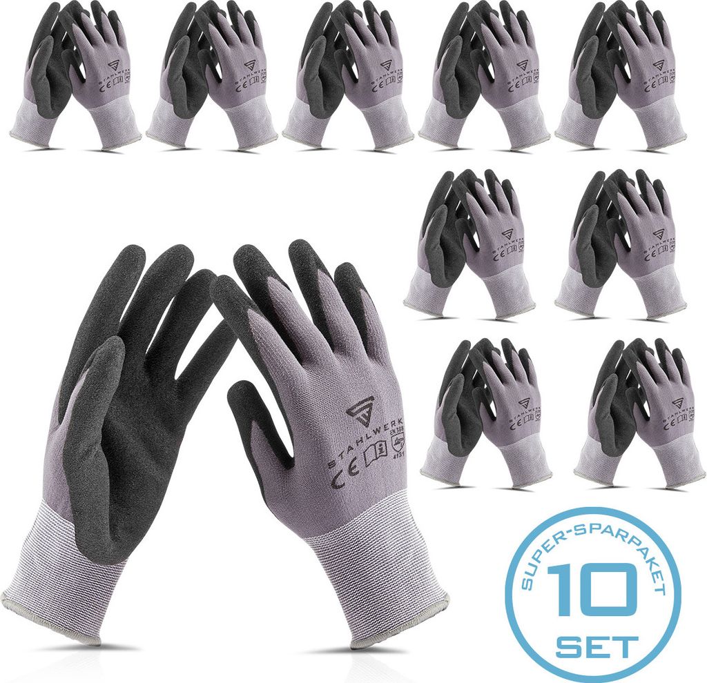 STAHLWERK Montagehandschuhe 10 Paar, Größe L mit Nitril PolyurethanBeschichtung