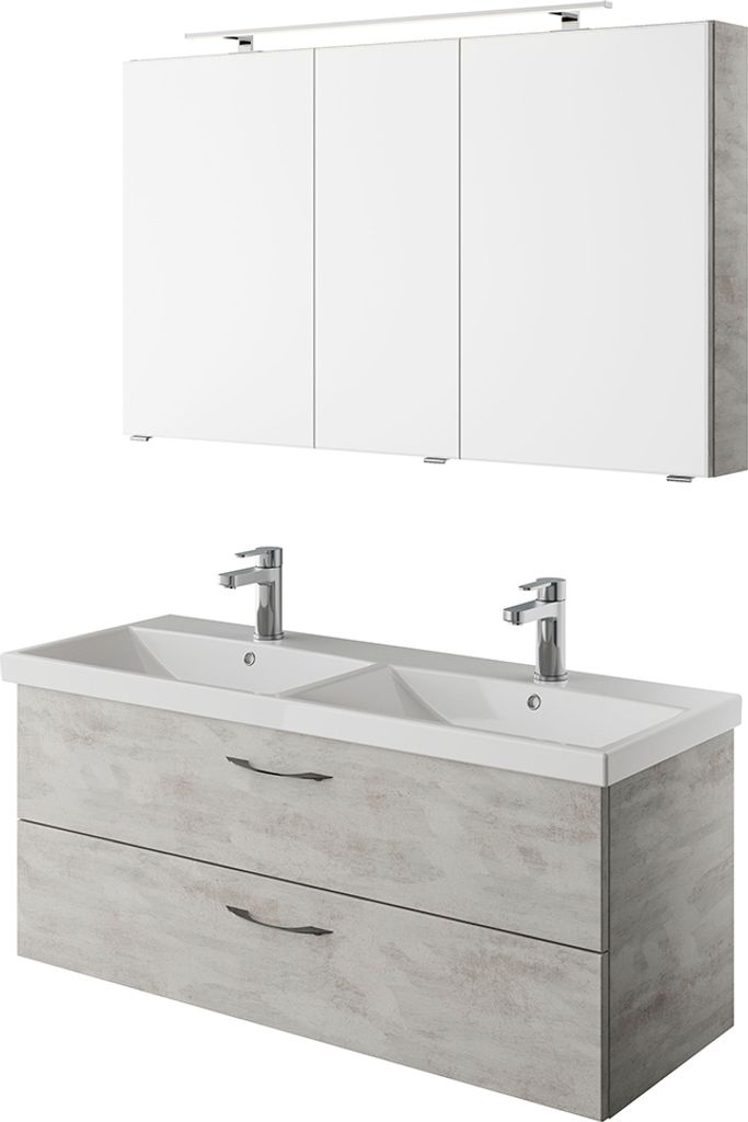 Doppelwaschplatz Set, 120cm breit, mit LED Aufbauleuchte in Oxid Hellgrau VILLATORO-66, B/H/T ca. 120/200/45 cm