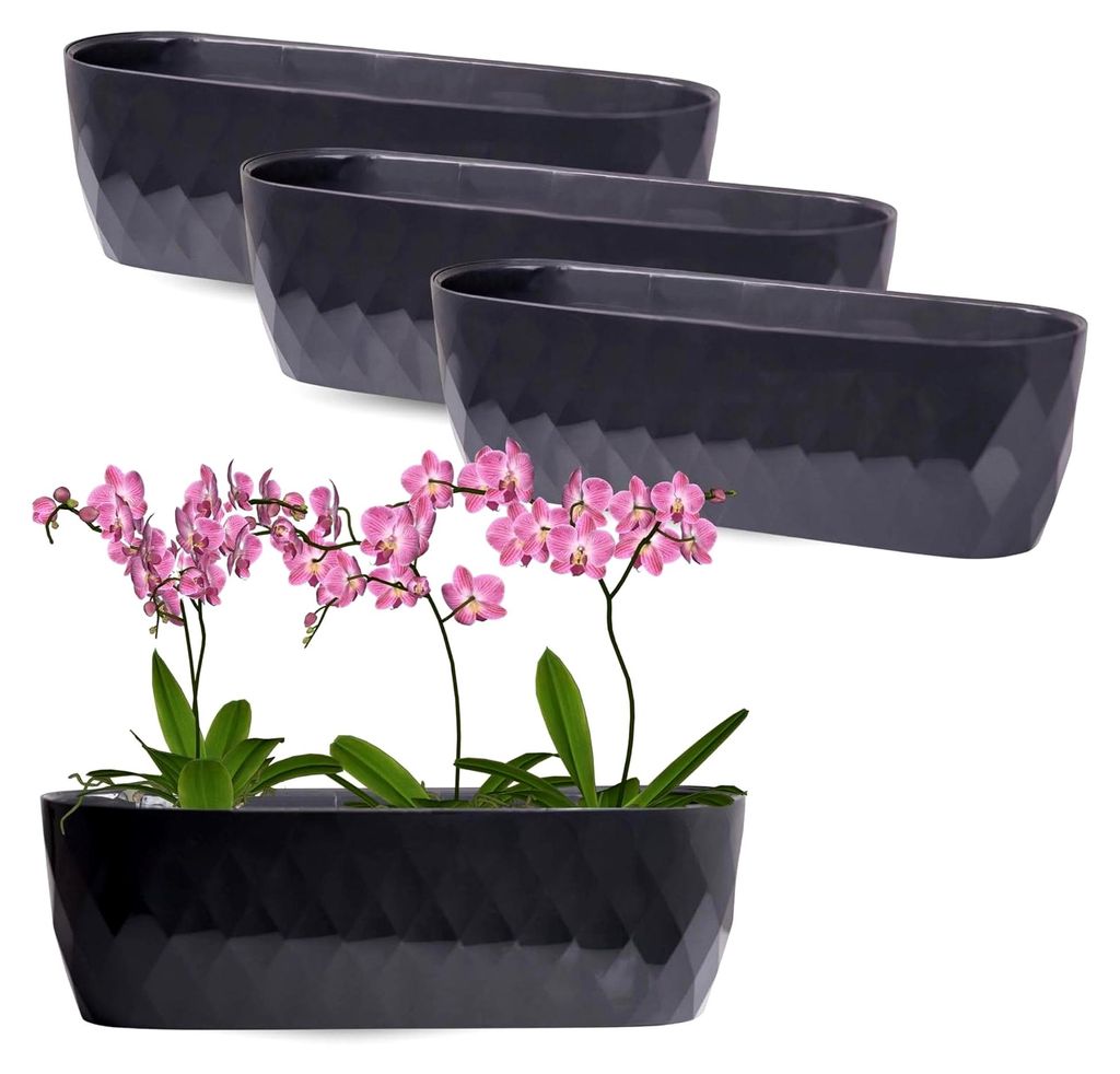 Set aus 3 länglichen Orchideen-Übertöpfen mit Untersetzer, ovale Zimmerpflanzentöpfe für Orchideen und Zimmerpflanzen