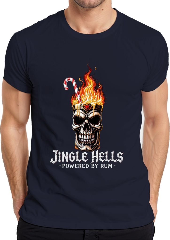 Jingle Hells Powered by Rum Totenkopf Weihnachten Flammen lustig Herren T-Shirt, Navy, S