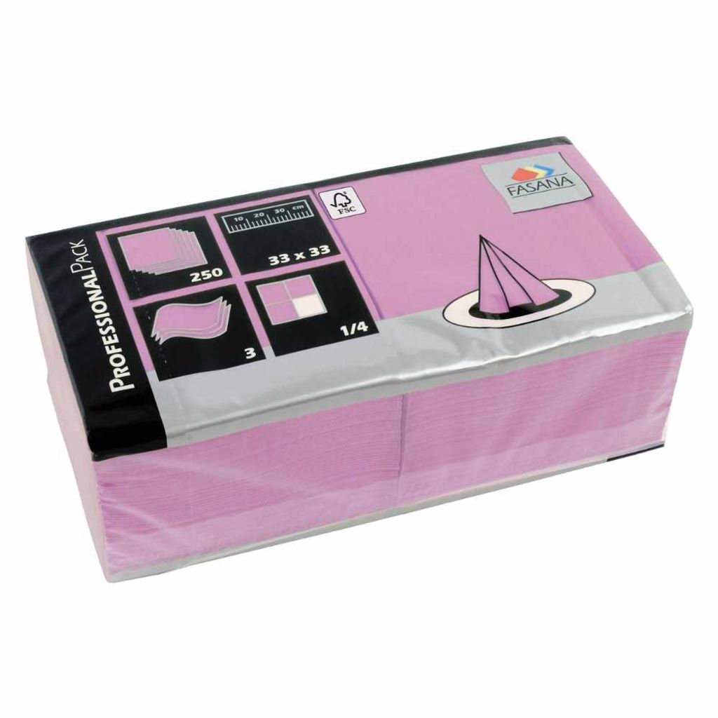 250 Stück Zelltuch-Servietten, 3-lagig, 1/4 Falz, 33x33cm, rosa