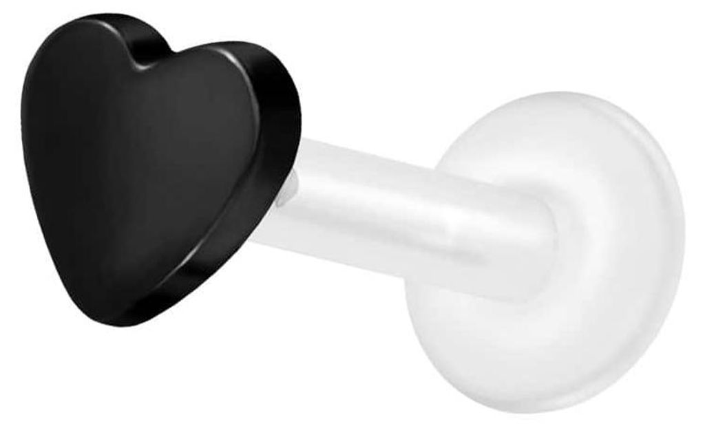 Ohrpiercing, Nasenpiercing PTFE Labret mit Innengewinde + Titan-Aufsatz HERZ Schwarz Stablänge: 7mm | Stabstärke: 1,2mm