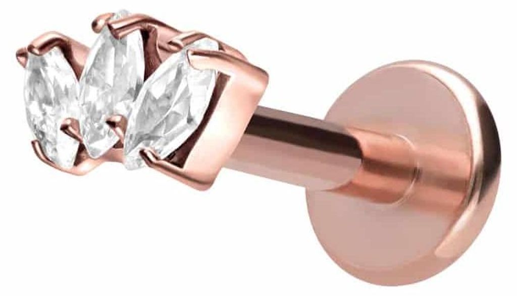 Ohrpiercing, Nasenpiercing Titan Labret mit Innengewinde 3 KRISTALLTROPFEN RoséGold Stablänge: 8mm | Stabstärke: 1,2mm