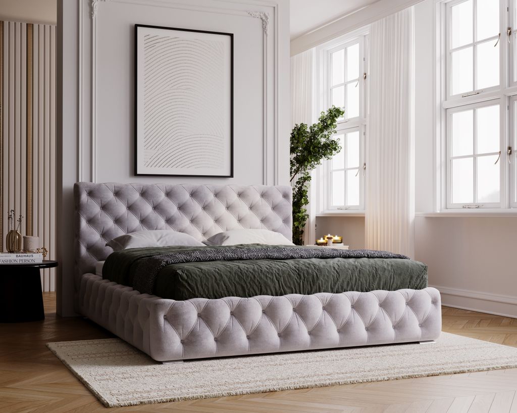 Polsterbett 180x200 cm Glory mit Bettkasten - Chesterfield Bett, Glamour - Doppelbett mit Lattenrost, Hellgrau