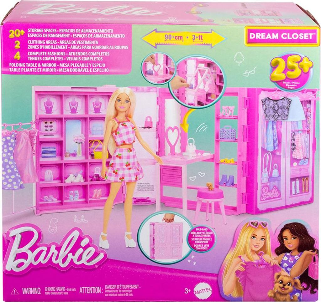 Barbie Traumkleiderschrank Spielzeug, Spielset mit Moden und Accessoires, 90 cm breit mit mehr als 25 Teilen, Puppenschrank, 3 Jahr(e), 1,85 kg