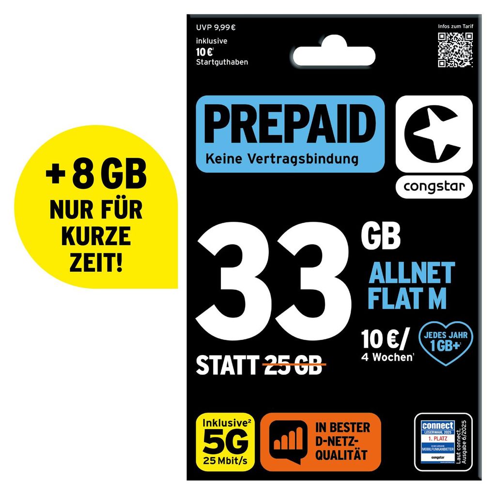 congstar Prepaid Allnet M: 33 statt 25 GB Datenvolumen & Produktbild 