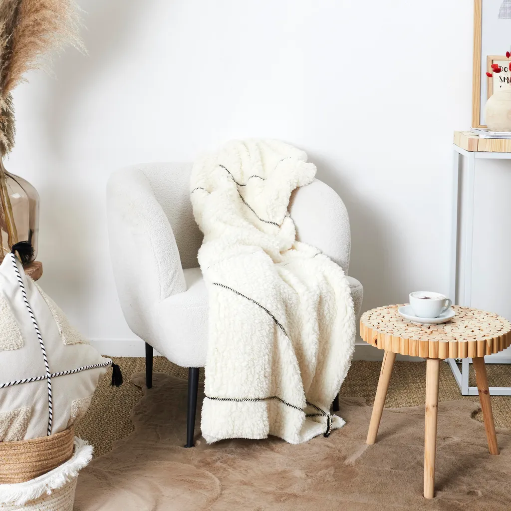 Jeté de Canapé Polaire Sherpa Blanc 130x160 cm Style Scandinave Chic