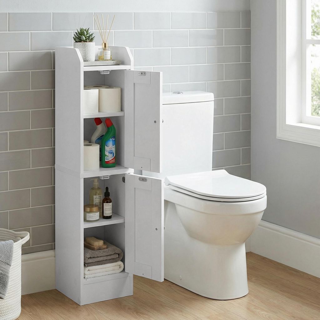 VASAGLE Schmaler Hochschrank, Badschrank, mit verstellbaren Ablagen, Badezimmerschrank für Bad, Landhausstil, weiß