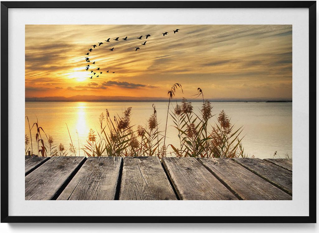 Pier bei Sonnenuntergang– Wandbild mit Rahmen – Gerahmtes Bild – Wanddekoration – 100x70 cm – Schwarz Rahmen