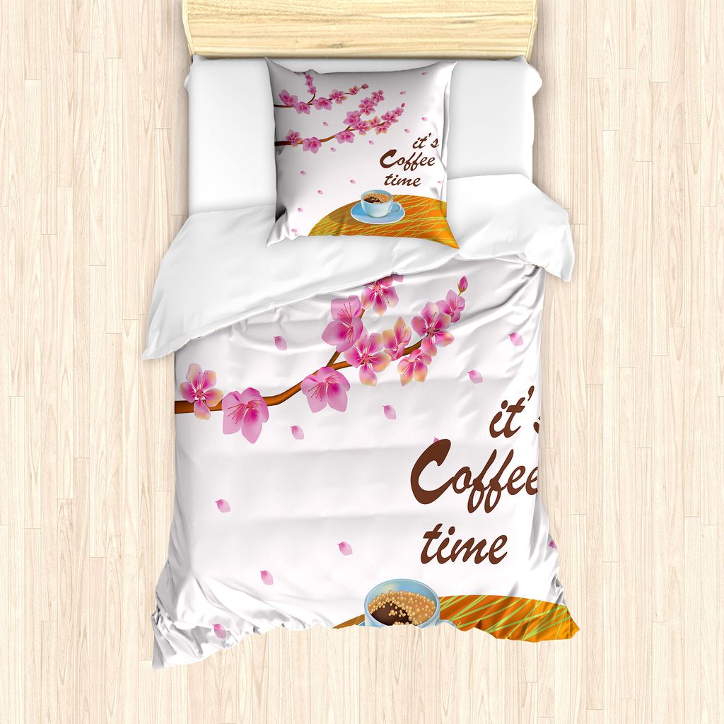 ABAKUHAUS Kaffeezeit Bettbezug Set für Einzelbetten, Cherry Blossom und Cup, Milbensicher Allergiker geeignet mit Kissenbezug, 135 cm x 200 cm - 8...