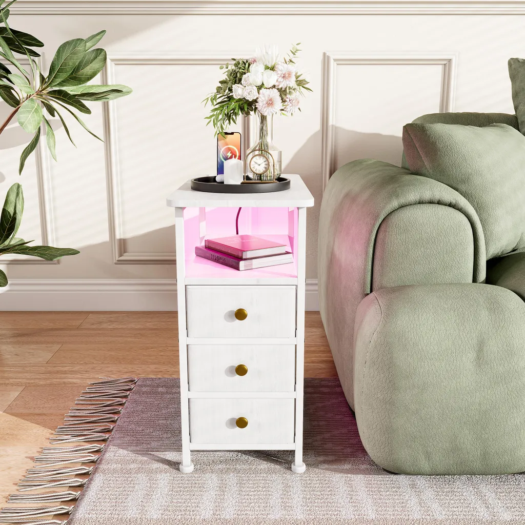 Table d'appoint LED blanche 3 tiroirs : design moderne et prise secteur - 3
