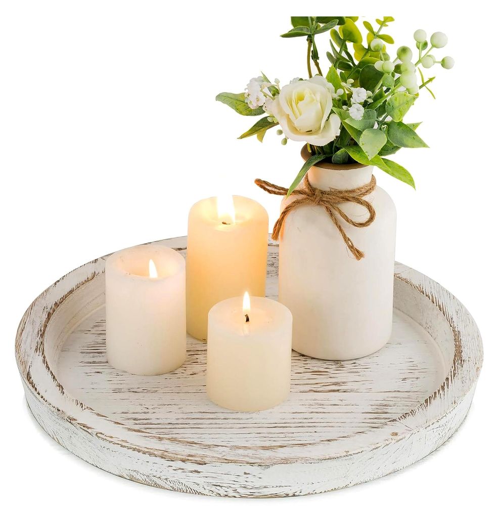 Kerzenständer Holz Deko Tablett: Rundes Holztablett für Tischdekoration - Rustikal Weißes Dekotablett für das Wohnzimmer