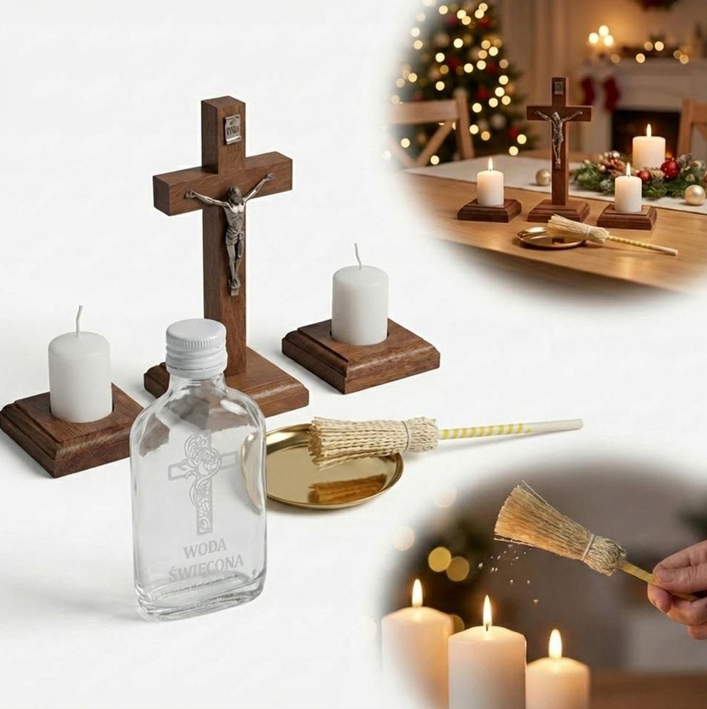 WEIHNACHTSDEKORATIONSSET AUS BUCHENHOLZ, BRAUN, mit goldenem Kreuz und Kerzen, FLASCHE FÜR WEIHWASSER