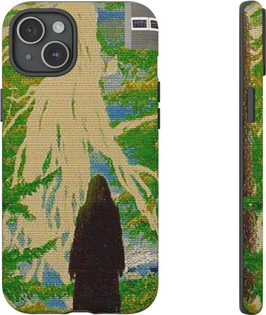Geheimnisvolle Waldszene mit vermummter Gestalt und Baumwurzeln – Hülle Kompatibel mit iPhone 15 Plus