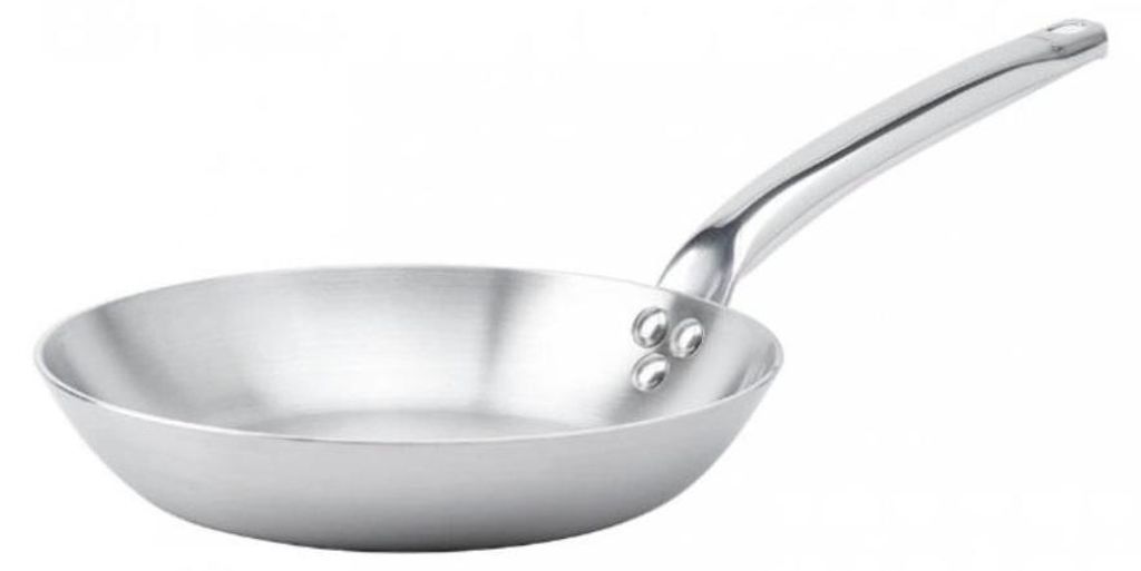 A silver frying pan with a long handle is shown against a white background.