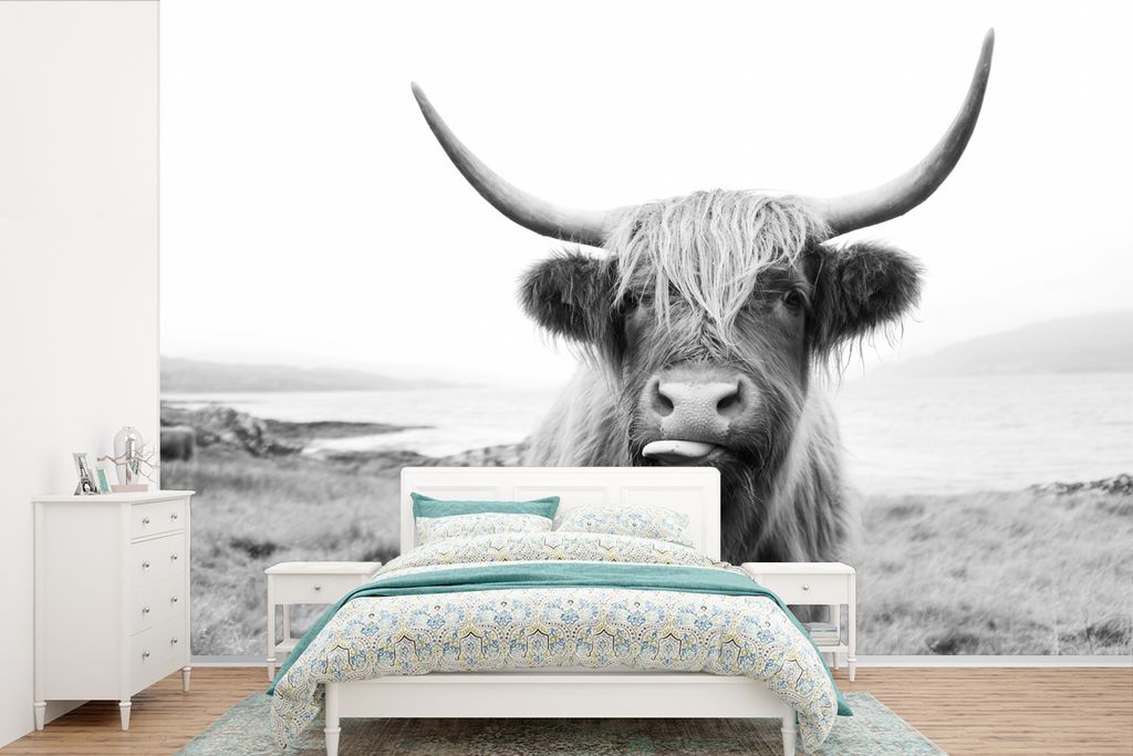 MuchoWow Fototapete für Wohnzimmer oder Schlafzimmer Wandtapete Vinyl Motivtapete Tiere - Schottischer Highlander - Kuh - Schwarz - Weiß - 420x...