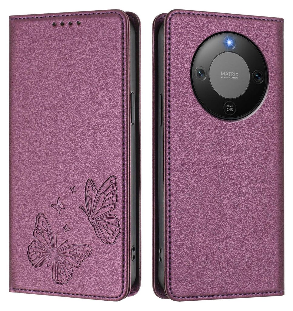 Lederhülle für Honor X9d/Magic8 Lite, Schmetterling Prägung Leder Brieftasche Schutzhülle mit Ständer Lila