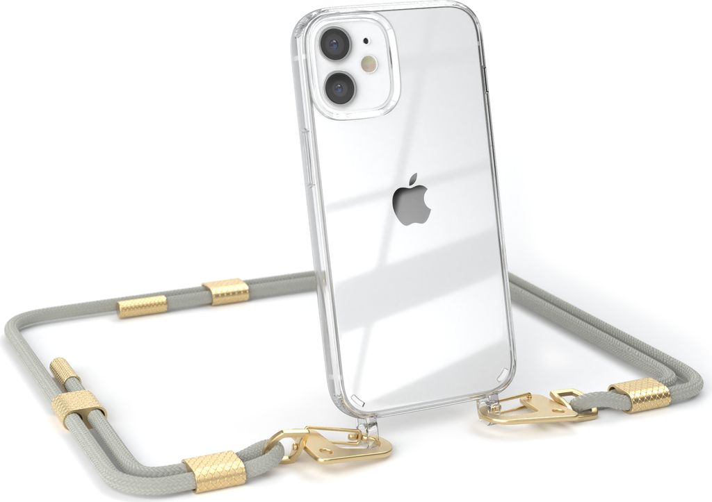 EAZY CASE Handykette für Apple iPhone 12 Mini, Transparente Silikonhülle mit Band, Clear Case, abnehmbar in Beige