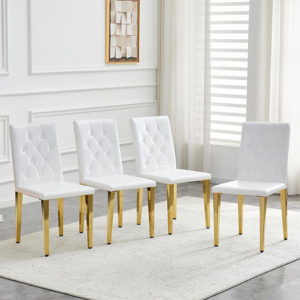4er Set Esszimmerstuhl in Reinweiß mit Hochglanz-Gold, goldene Metallbeine, leichter Luxus-Stil, ideal für europäische Essbereiche