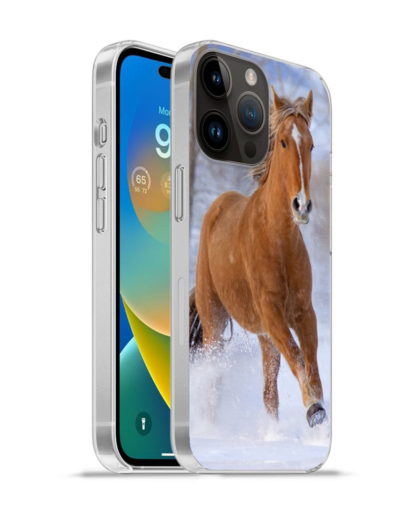 MuchoWow Handyhülle Schutzhülle Hülle für Apple iPhone 14 Pro Max Pferd - Schnee - Braun Silikon Softcase Handy Hülle - Hardcover