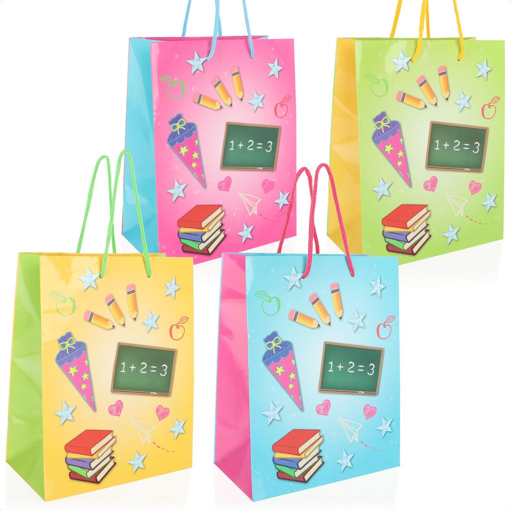 com-four 4x Geschenktasche, Geschenkverpackung für Schulanfänger, eckige Schultüte mit Henkeln, faltbarer Beutel aus Pappe zur Einschulung