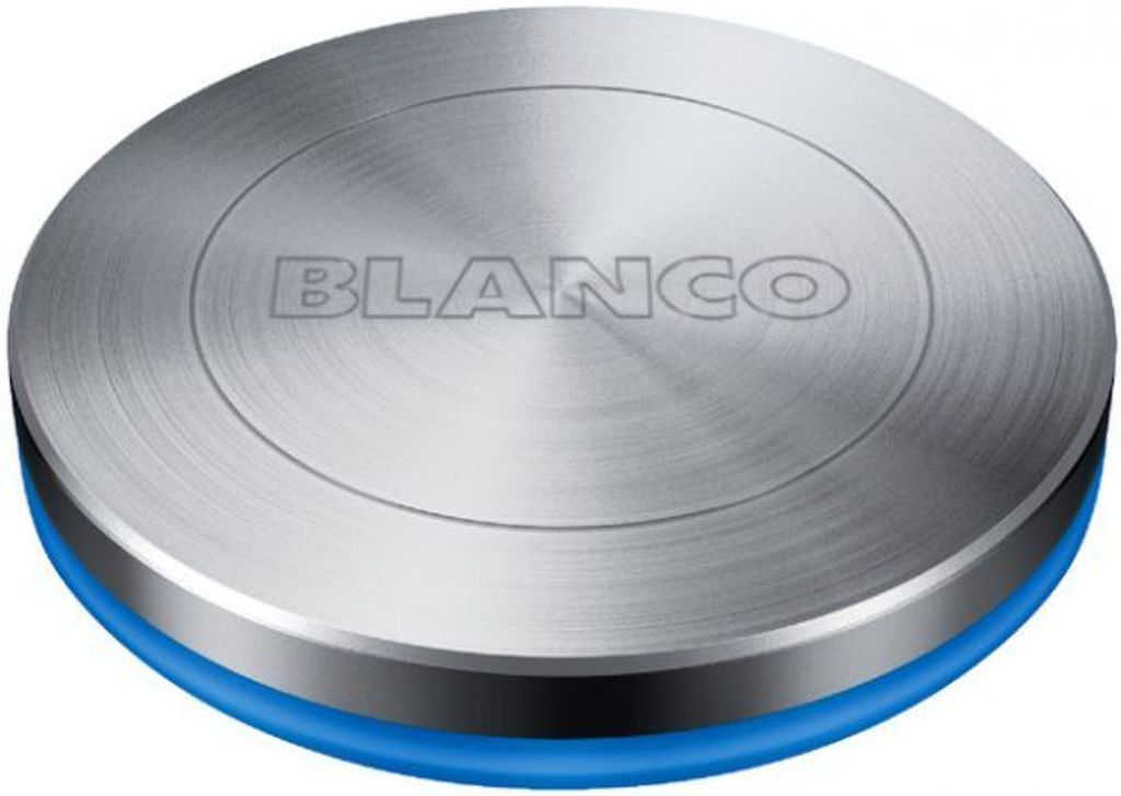 A close-up, studio shot of a round, silver kitchen sink drain control with a blue rubber seal around the bottom.