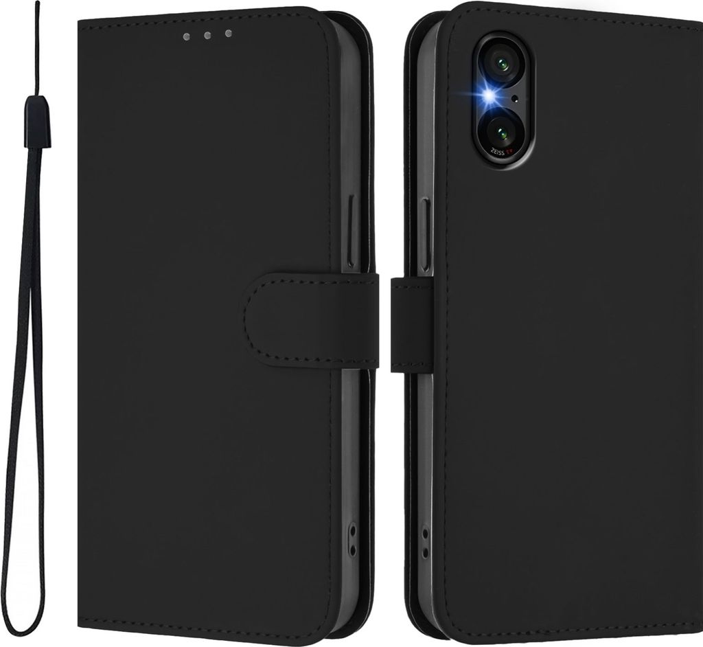 Hülle für Sony Xperia 5 VI - Phonesta Soft Skin Book Wallet Klapphülle mit Kordel - Schwarz