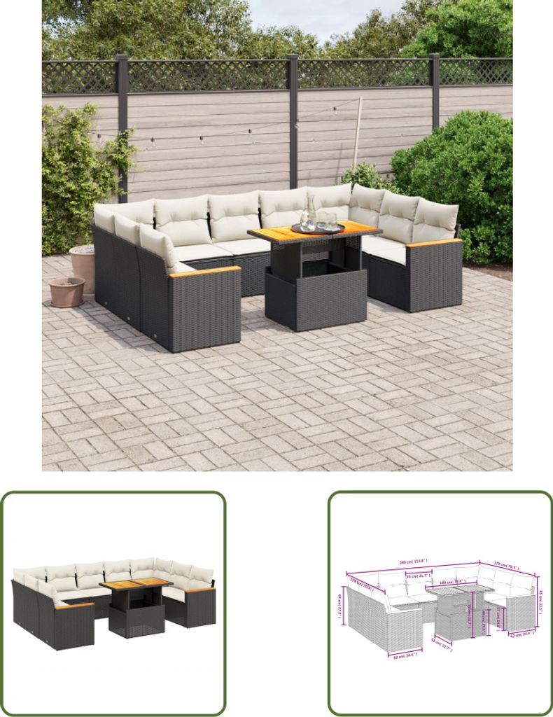 The Living Store 11-tlg. Garten-Sofagarnitur mit Kissen Schwarz Poly Rattan