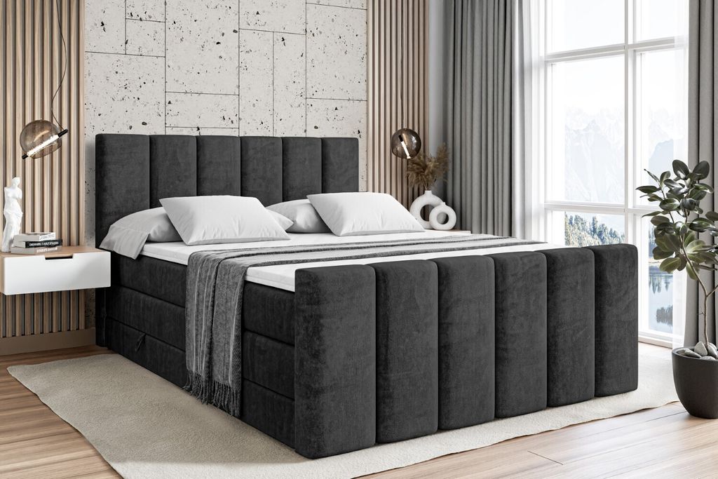 ALTDECOR Boxspringbett mit Fußteil, 2 Matratzen und Topper - 140x200 cm - BOXI1-Z KING - Schwarz Samt - Polsterbett mit, H3- und H4- Matratzen, Be...