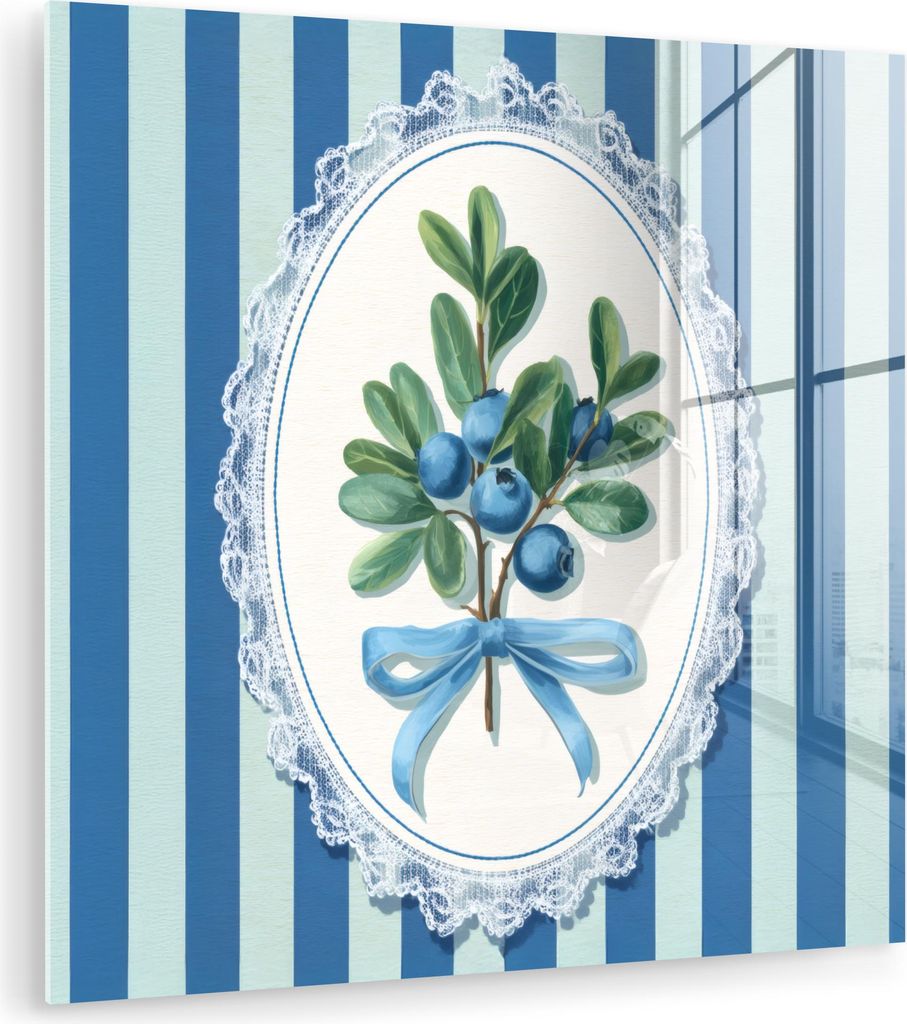 MuchoWow Glasbilder - Bilder auf Wandbild - Foto auf Glas Illustration - Beeren - Blau - Streifen 90x90 cm Wanddekoration aus Glas - Acrylglasbild ...