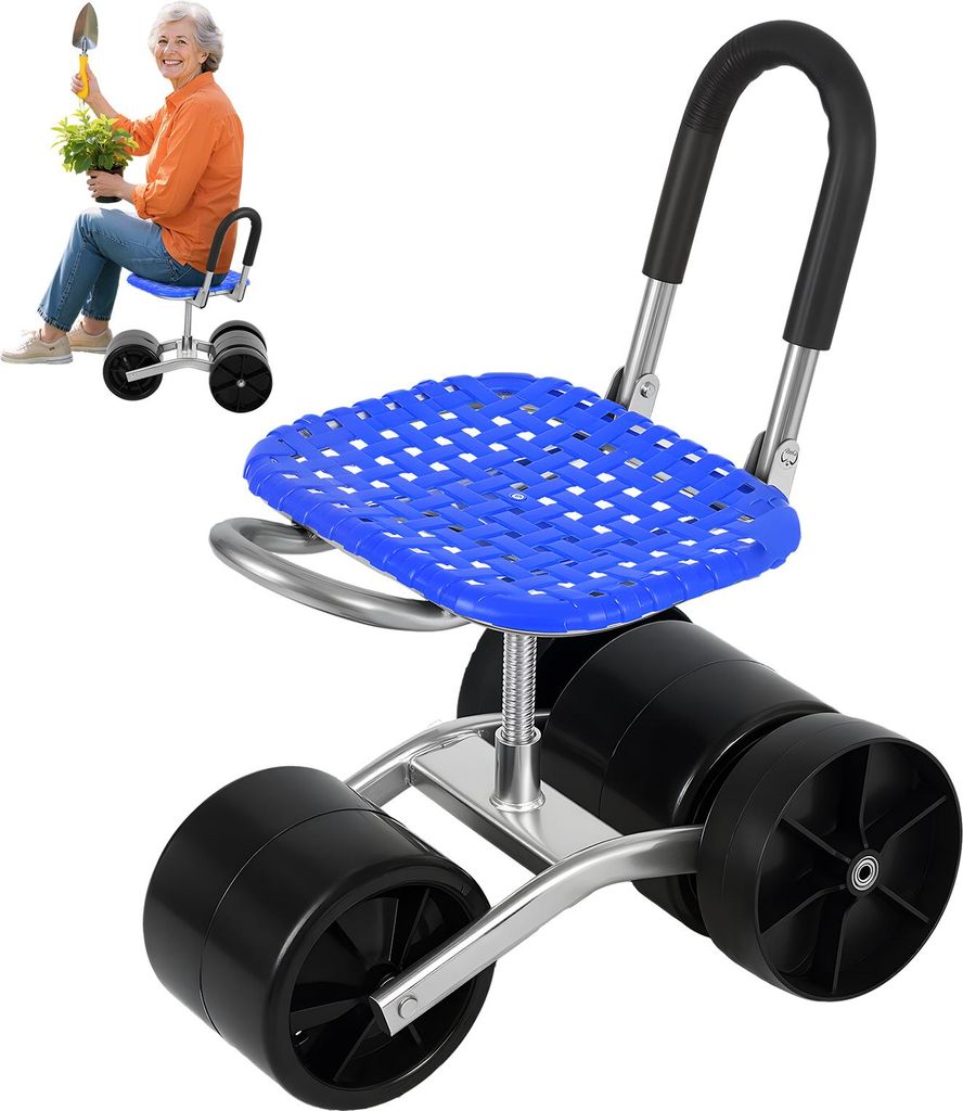 Gartenhocker mit Rädern, rollbarer Gartenwagen mit 360-Grad-Drehsitz, tragbarer Gartenroller für Gartenarbeiten