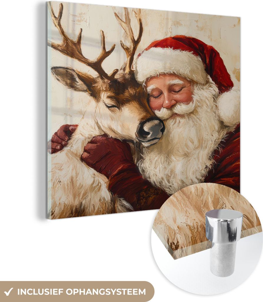 MuchoWow Glasbilder - Bilder auf Wandbild - Foto auf Glas Weihnachtsmann - Rentier - Weihnachten 40x40 cm Wanddekoration aus Glas - Acrylglasbild -...