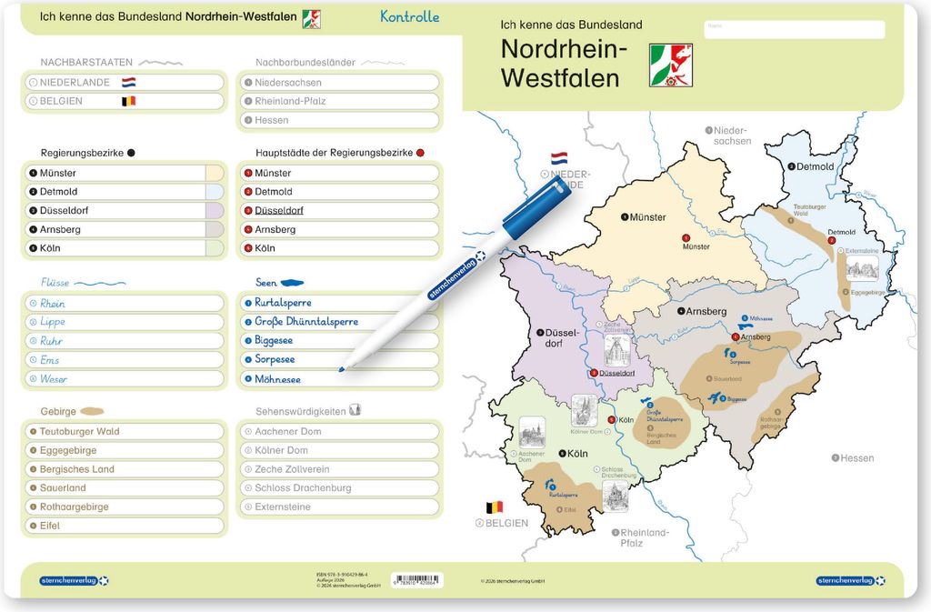 Ich kenne das Bundesland Nordrhein-Westfalen- Lerntafel mit Stift