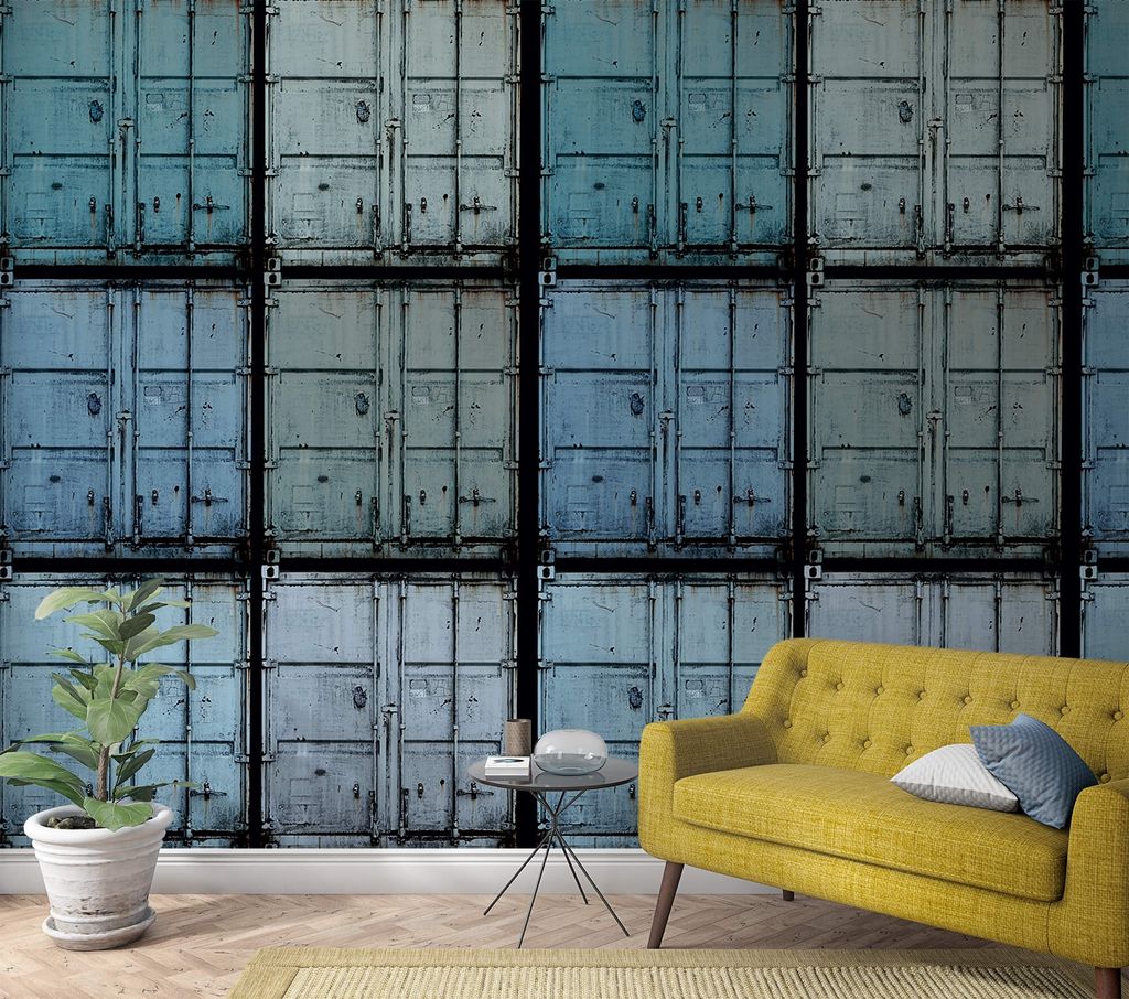 NEWROOM Tapete Blau Vliestapete Container - Wandbild Industrial Metall Eisen Tapete Bauhaus Holztapete