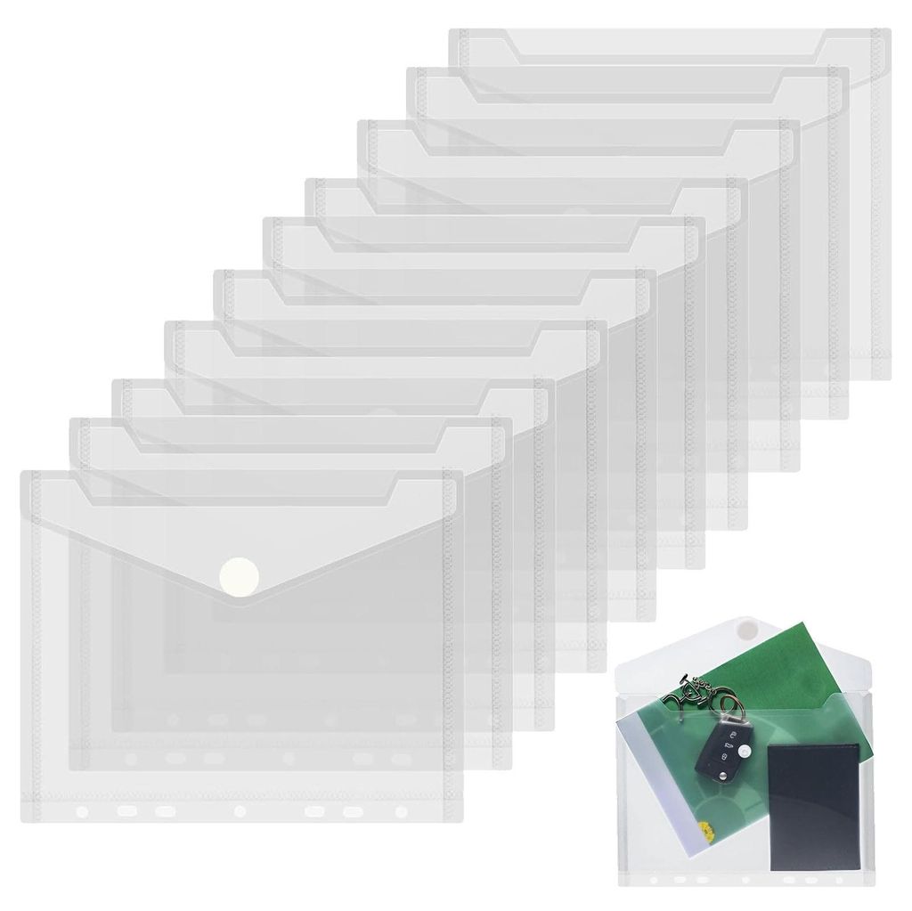 Set mit 10 A5-Dokumentenmappen, geeignet zum Aufrollen von Dokumenten, transparent mit Druckknopfverschluss, wasserdicht, 7 Fächer (22,5 x 18 cm)