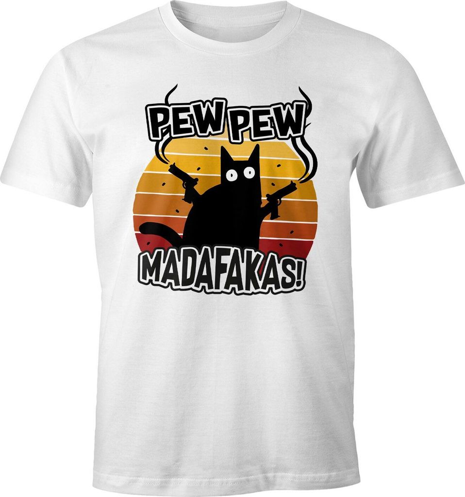 Herren T-Shirt Pew Pew Madafakas Katze Western Cat Meme Fun-Shirt Spruch lustig Moonworks weiß 3XL