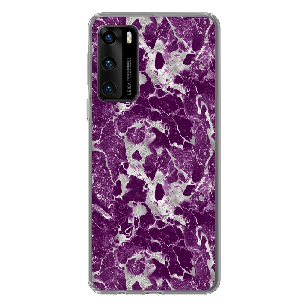 MuchoWow Handyhülle Schutzhülle Hülle für Huawei P40 Marmor - Glitter - Lila - Muster Silikon Softcase Handy Hülle - Handytasche