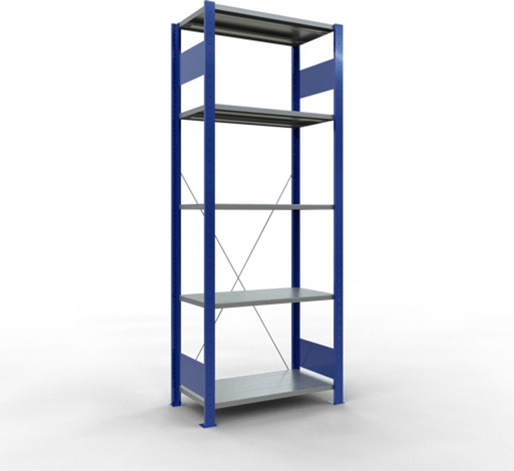 Schulte Fachbodenregal MULTIplus150 Stecksystem | Grundregal | HxBxT 200x75x40cm | 5 Ebenen | Fachlast 150kg | Enzianblau/Verzinkt