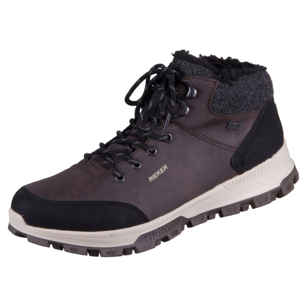 A single brown Rieker boot is shown against a white background.