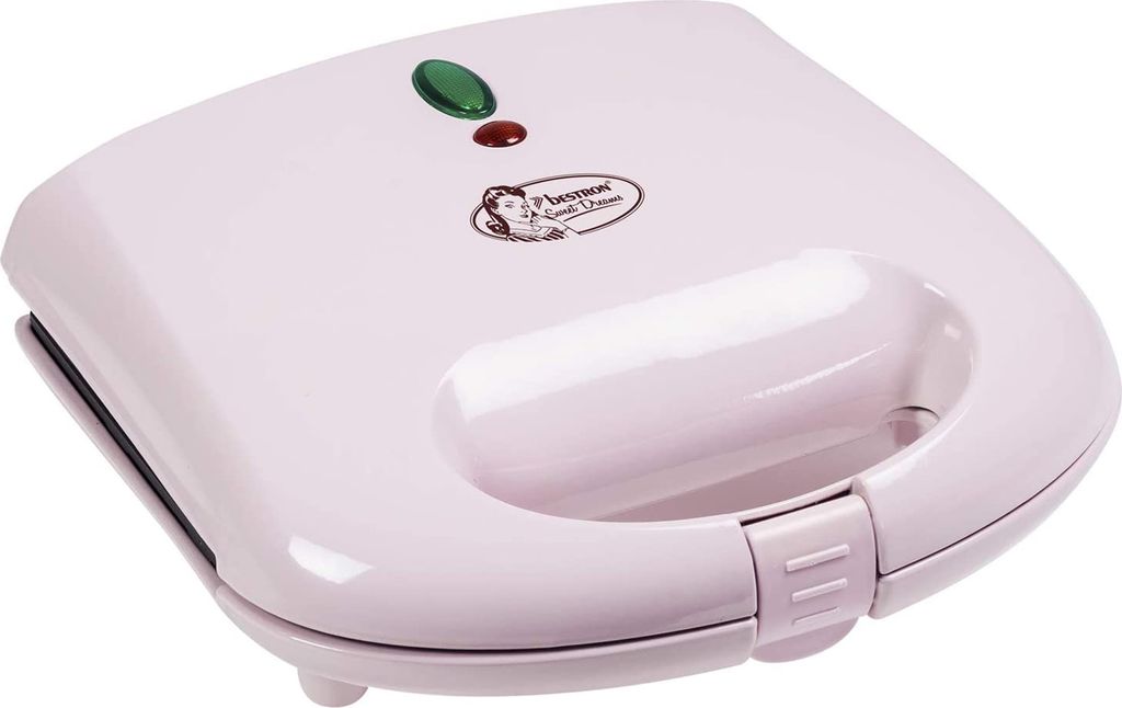 A closed white sandwich maker with a handle and indicator lights on top.