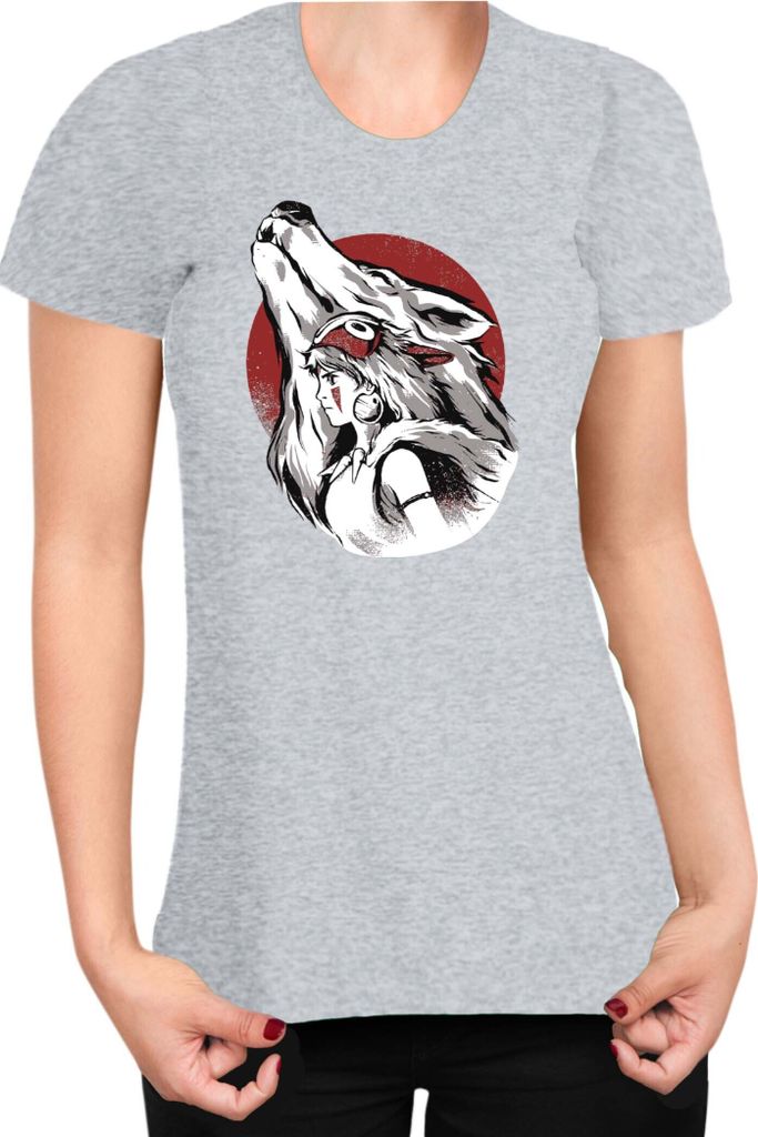 Damen T-Shirt Japan Anime Manga Princess Mononoke Wolf, Lady L / Grau