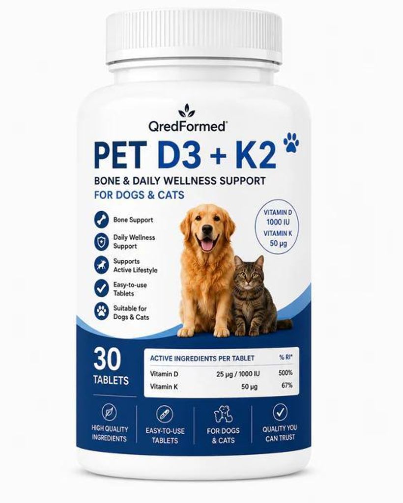 PET D3 + K2 - Knochen- & tägliche Wellness-Unterstützung für Hunde & Katzen - 30 Tabletten
