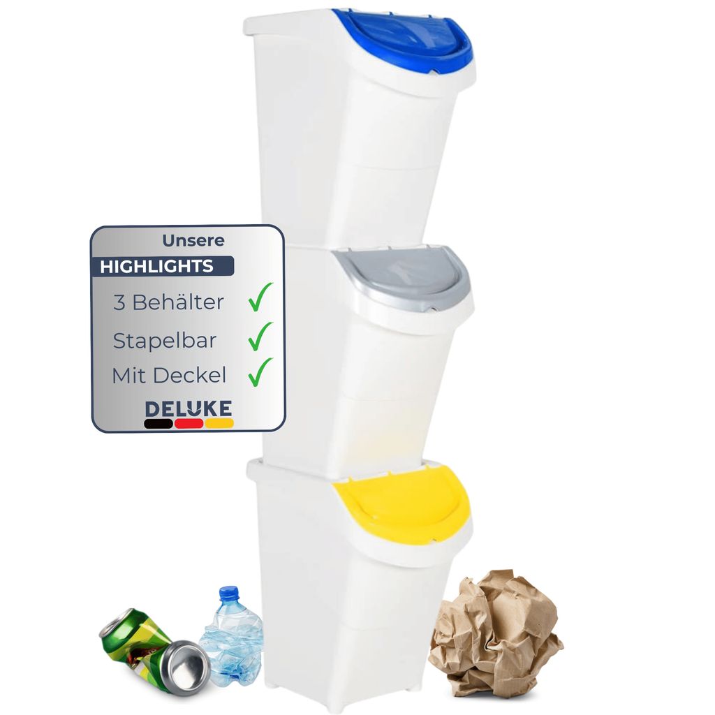 DELUKE 3er Set Abfallbehälter mit Deckeln - 3x40L Stapelmülleimer | Abfalleimer Küche Mülleimer 3 Fächer Müllbehälter Kücheneimer 120L, W...