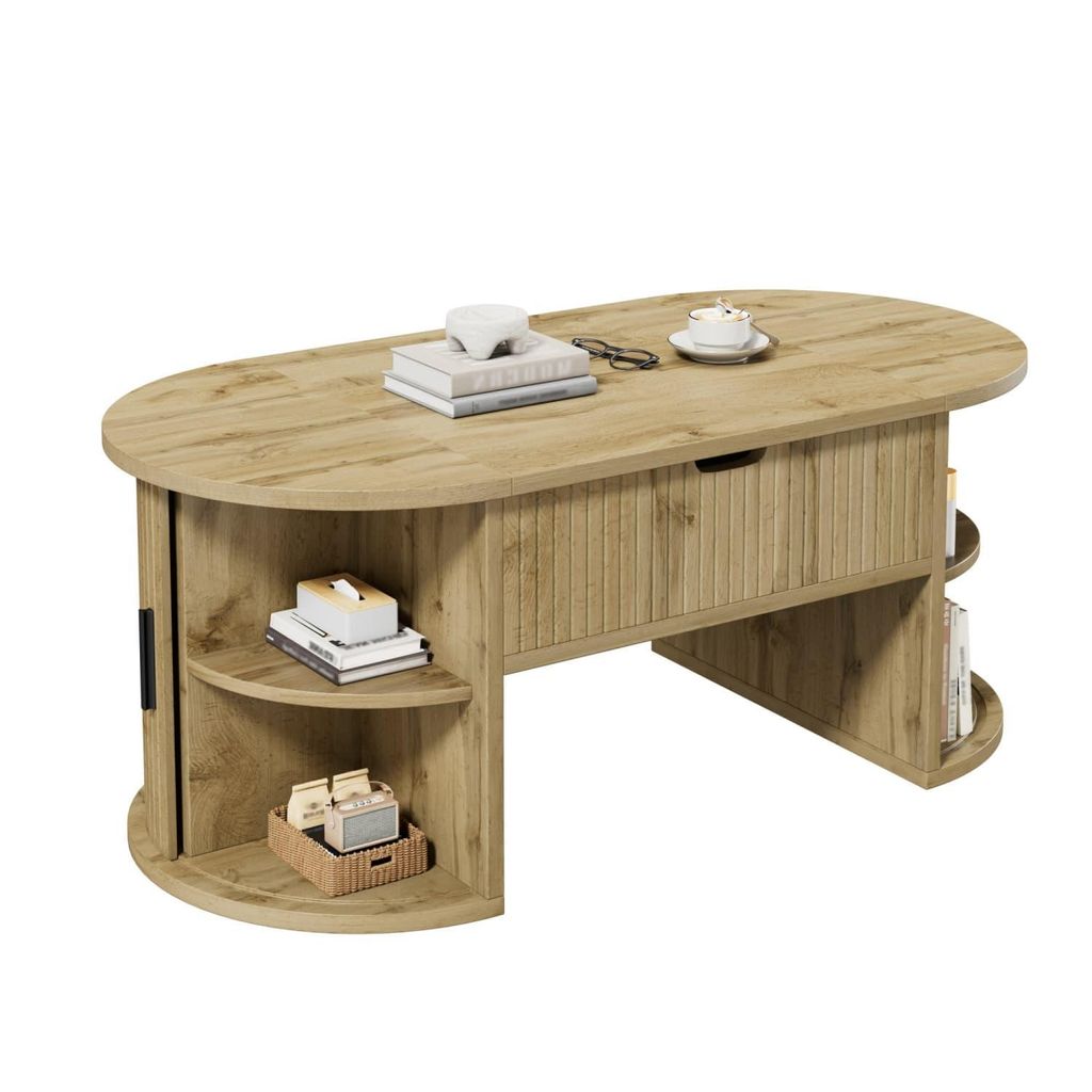Moderner, höhenverstellbarer Couchtisch , Höhenverstellbarer Couchtisch fürs Wohnzimmer , Offene Regale und versteckter Stauraum , Schiebetüren